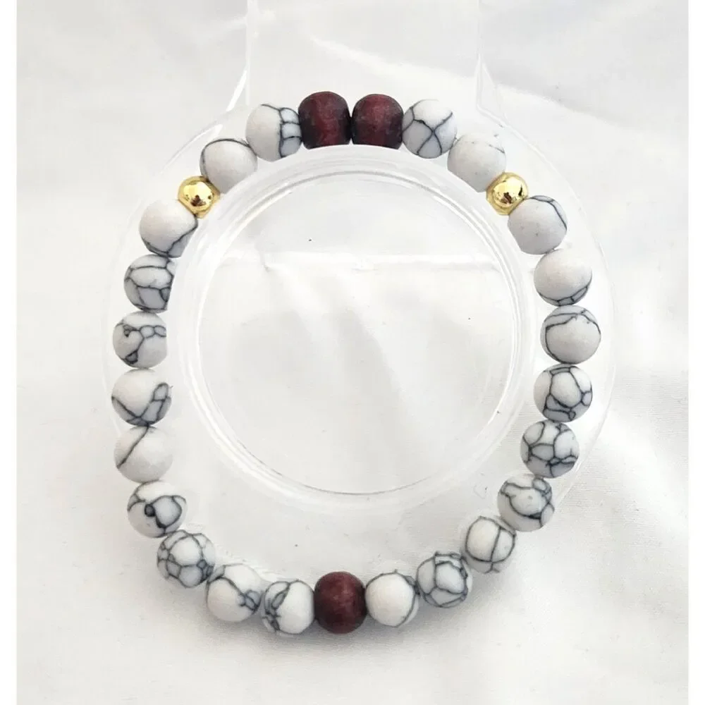 White Howlite Gemstone Bracelet w/ Wood & Gold Accents – Handmade